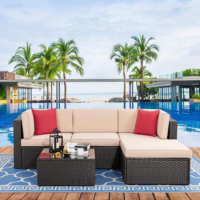 Vongrasig 5 Pieces Patio Furniture Set, All-Weather Outdoor Small Sectional Patio Sofa Set, Wicker Rattan Patio Sofa Couch Conversation Set w/Ottoman, Glass Table, Beige Cushions & Red Pillow, Brown