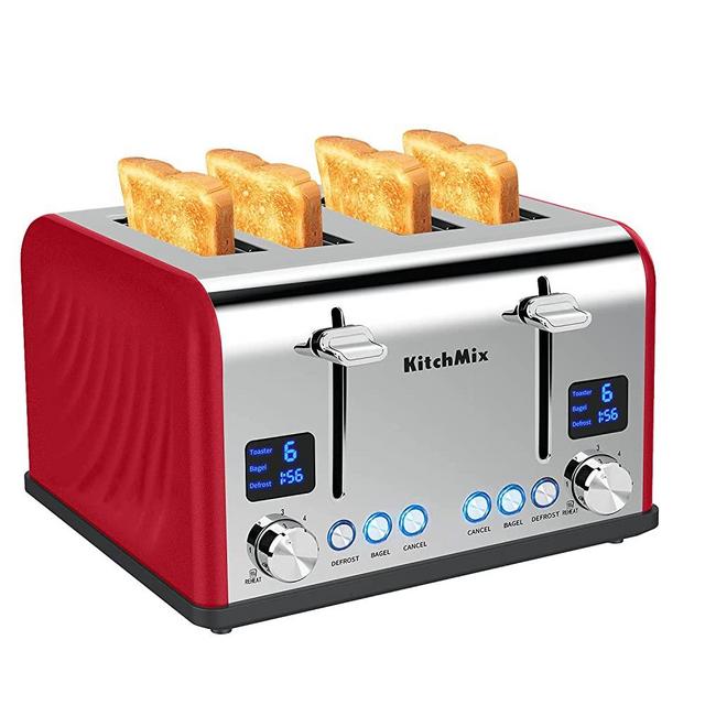 Toaster 4 Slice, KitchMix Bagel Stainless Toaster with LCD Timer, Extra Wide Slots, Dual Screen, Removal Crumb Tray (Red)
