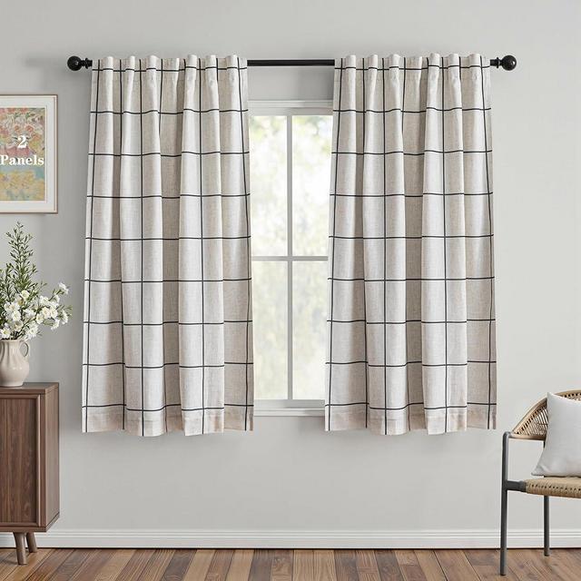 MYSKY HOME 100% Blackout Plaid Linen Curtains 72 Inches Long Double Layer Farmhouse Thermal Insulated Checkered Print Drapes with Rod Pocket Back Tab for Bedroom Living Room, 2 Panels, 52"Wide, Black