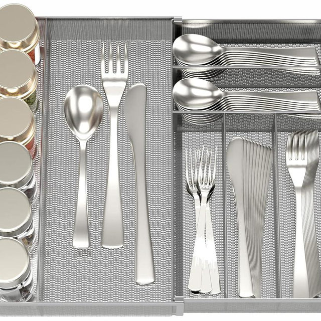 JANE EYRE Utensil Drawer Organizer - Expandable Cutlery Tray, Silverware/Flatware Storage Divider for Kitchen, Mesh Designing with Non-slip Rubber Feet (Silver)