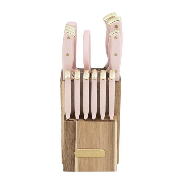 Farberware Triple Riveted Acacia Knife Block Set, 15-Piece, Blush and Gold