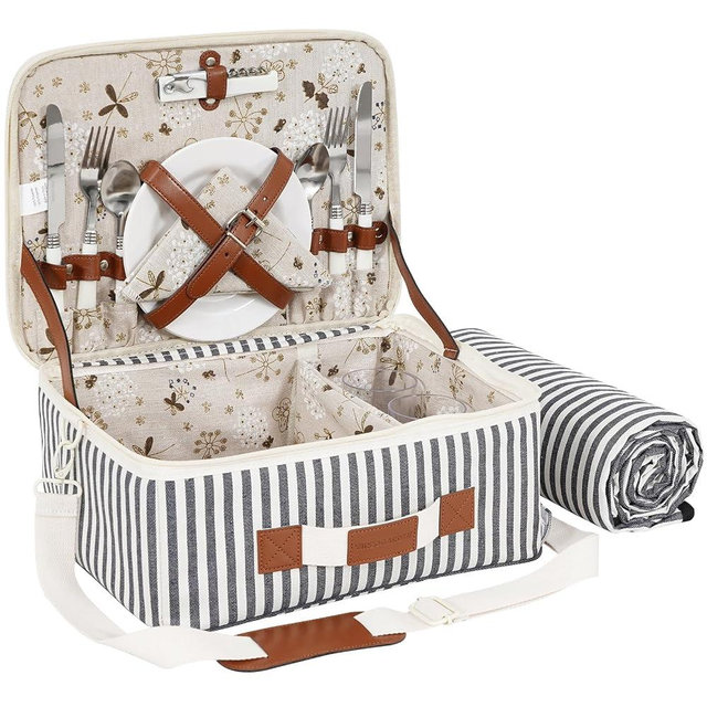 Picnic Basket for 2-Picnic Baskets with Waterproof Blanket & Picnic Accessories-Picnic Baskets with Shoulder Strap for Outdoor Camping Party for Valentine Birthday Christmas (Stripe)