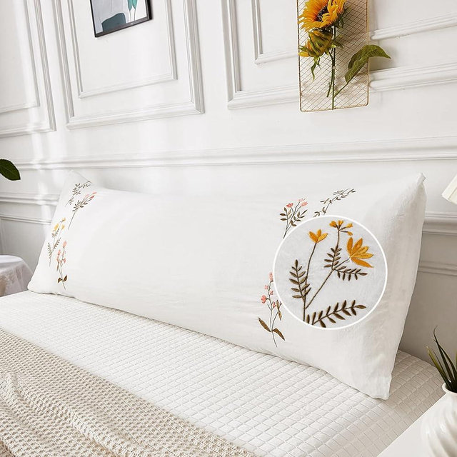 Move Over Body Pillow Cover, White Flower Embroidery, Soft Washed Microfiber, Pocket Closure, 20x54 inches