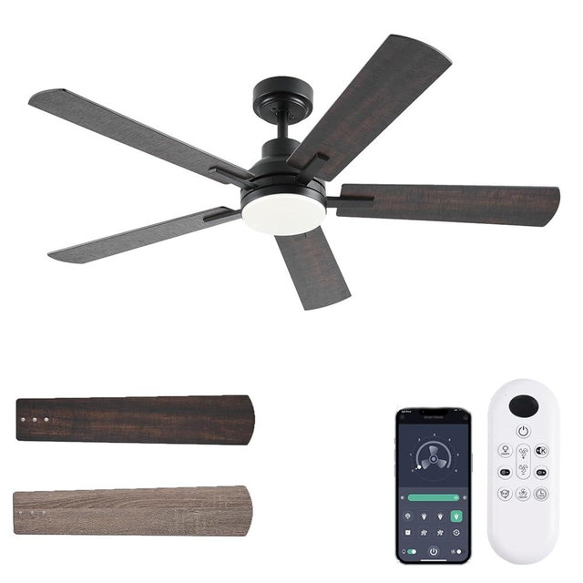 JSAITEE Ceiling Fans with Lights, 52 Inch Low Profile Ceiling Fan with Light and Remote/APP Control, DC Reversible Motor, Noiseless, Dimmable,6 Speed, Brown Modern Ceiling Fan for Bedroom Living Room