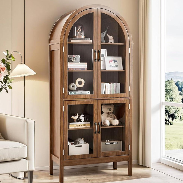 Lxsxlome Narrow Arched Bookcase, 64.17'' Tall Arch Bookshelf with Acrylic Glass Doors, 5 Shelf Bookcase, Freestanding Storage Organizer Display Cabinet for Living Room (Walnut, 70.9''H)