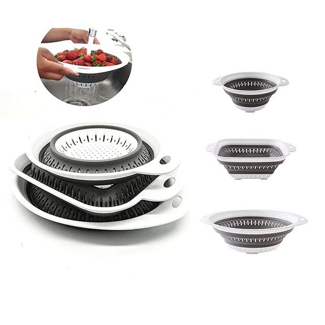 JPL Collapsible Colander 3 Piece Silicone Collapsible Strainer Bowls for Pasta Washing Fruit Food and Vegetables 3 Quart 4 Quart and 5 Quart BPA Free Dishwasher Safe (Grey)