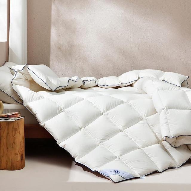 HOMCHANG GOOSE Lightweight Feathers Down Comforter Queen/Full Size Summer Cooling Down Blanket Fluffy Thin Duvet Insert 100% Cotton Cover 50oz All Season White Comforter with 8 Corner Tabs, 90"x90"