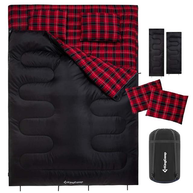 KingCamp Double Sleeping Bag for Adults, Queen Size 2 Person XXL Flannel Sleeping Bag, Waterproof Lightweight Flannel Quilt with 2 Pillows, Perfect for Couples Family Camping Hiking