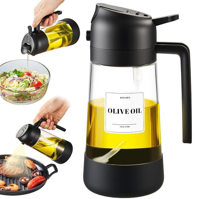 PARACITY Oil Dipenser Bottle with Silicone Bottom, 2 in 1 Olive Oil Sprayer and Dispenser, Oil Spray Bottle 470ML/ 16OZ for Cooking, Kitchen, BBQ, Air Fryer, Salad, Baking(1PC Black)