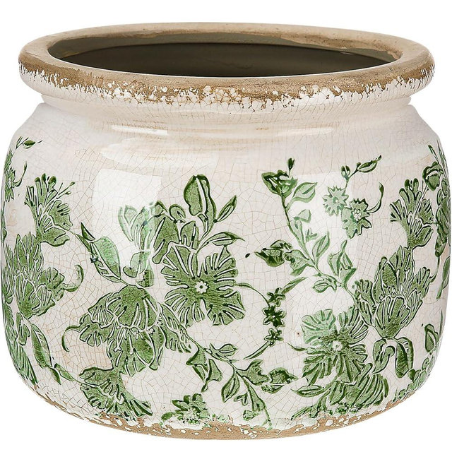 Ninehaoou 7.7" Large Ceramic Plant Pot Beige Green Vintage Floral Crackle Glaze Rustic Flowers Pot Decorative Planter with Drainage for Indoor Outdoor Plants Home Kitchen Office Decor Gift