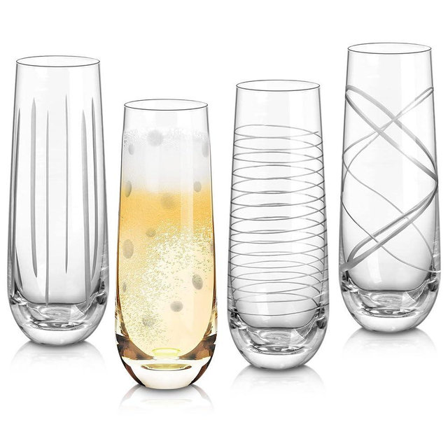 Joeyan Etched Champagne Flutes Glasses Cups,Handmade Mouth Blown Aesthetics Glassware Art Decoration,Home Bar Essentials,Gifts for Wedding Anniversary Daily Use,Set of 4,9.8 oz,Dishwasher Safe