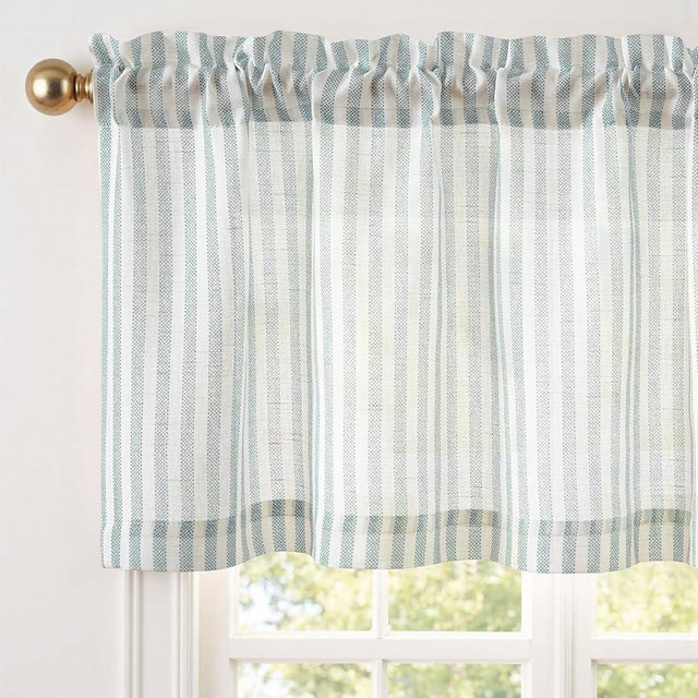 jinchan Linen Stripe Valance for Window 16 Inch Modern Rustic Farmhouse Valance for Kitchen Living Room Bathroom Window Treatment Light Filtering Rod Pocket 1 Panel Aqua Blue on Linen