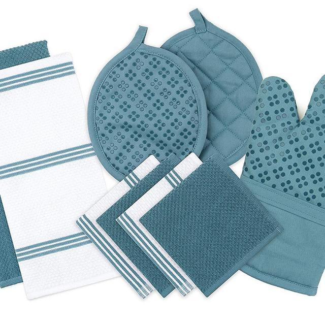 Sticky Toffee Silicone Printed Oven Mitt & Pot Holder, Cotton Terry Kitchen Dish Towel & Dishcloth, Blue, 9 Piece Set