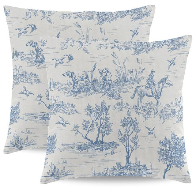 Wsunsal Blue and White Toile Pillow Covers 18x18 Inch Set of 2 Vintage French Country Throw Pillow Cover Rustic Linen Cushion Cover Decor for Home Sofa Bedroom Outdoor Indoor
