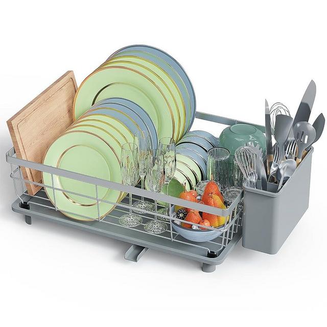 LIONONLY Large Dish Drying Rack with Drainboard, Stainless Steel Dish Rack for Kitchen Counter,Detachable Dish Drainer Organizer Shelf with Utensil Holder Set