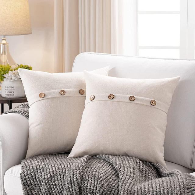 Meekio Set of 2 Ivory Square Pillow Covers 16 x 16 Farmhouse Boho Pillow Covers with Coconut Buttons for Sofa Couch Living Room Bedroom Farmhouse Décor for The Home