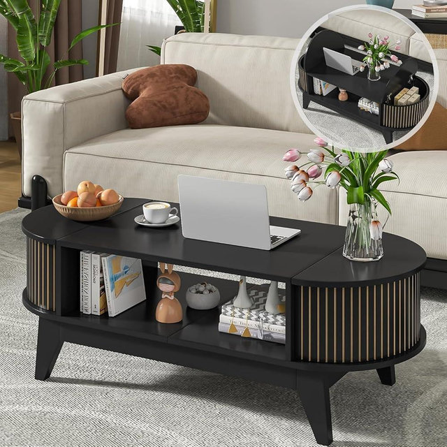 Fsbecl Fluted Coffee Table, Mid Century Modern Coffee Tables for Living Room, Oval Coffee Table with Flip-Top Lids, Wood Accent Center Table with Storage for Home, Office (Black)