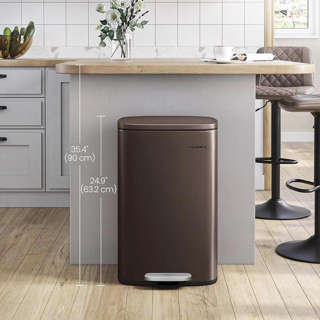 SONGMICS 13 Gallon (50 L) Trash Can, Stainless Steel Kitchen Garbage Can, Recycling or Waste Bin, Soft Close, Step-On Pedal, Removable Inner Bucket, Brown ULTB50BR