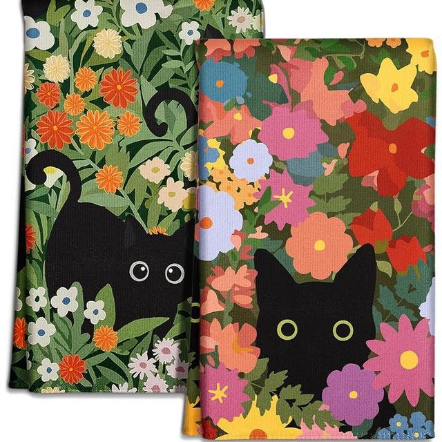 Miss Adola Microfiber Kitchen Towels - Set of 2 Dish Towels for Kitchen 18 x 26 Inch Home Decoration Cat Flower Cute Spring Hand Towels Soft & Absorbent Aesthetic Design