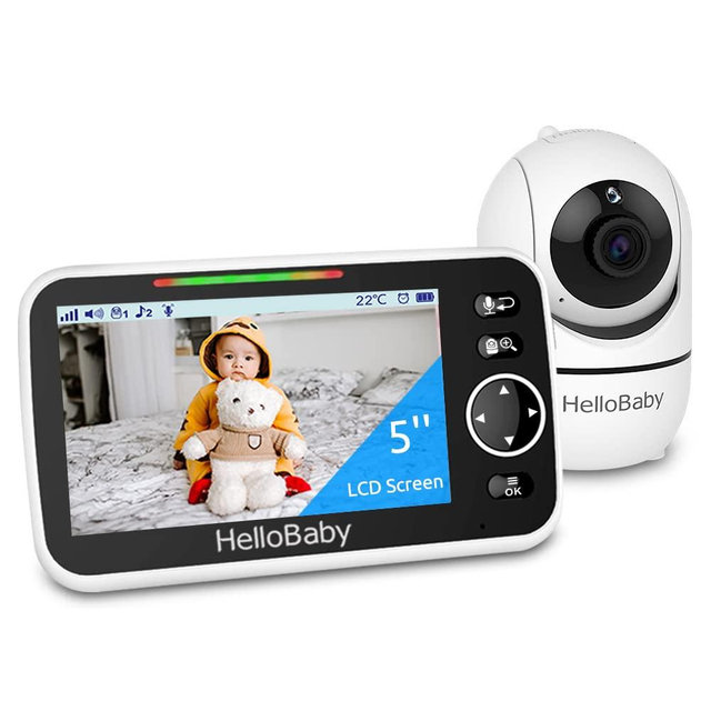 HelloBaby Monitor, 5''Display, Pan-Tilt-Zoom Video Baby Monitor with Camera and Audio, Night Vision, 2-Way Talk, Temperature, 8 Lullabies and 1000ft Range Baby Monitor No WiFi for Elderly