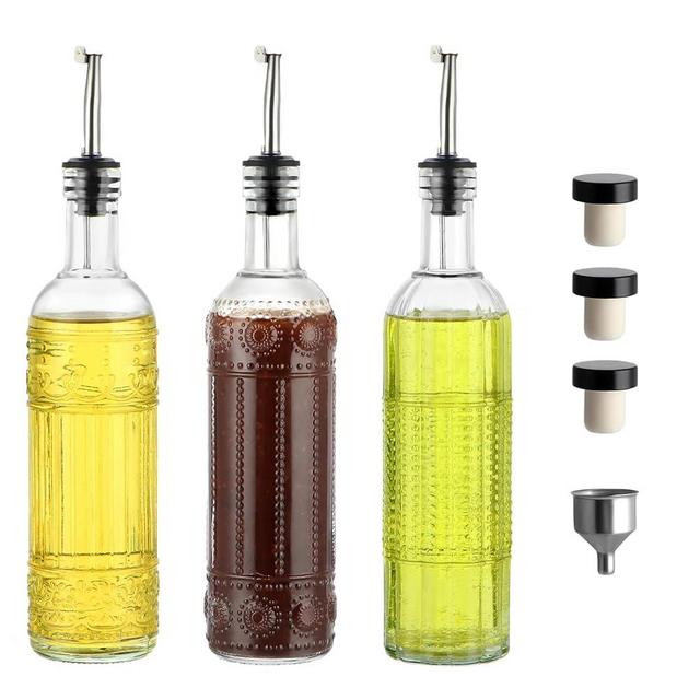 MDLUU Oil and Vinegar Dispenser Set, 3 Pack 17oz Clear Glass Olive Oil Bottles, Kitchen Vinegar Decanters with 3 Spouts, 3 Plugs, 1 Funnel
