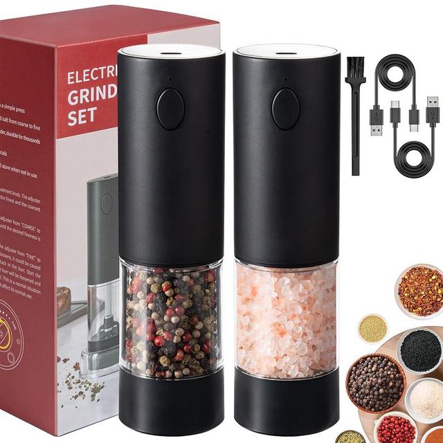 OPIIV 2 Pack Electric Salt and Pepper Grinder Set - USB Rechargeable Automatic Salt Pepper Mill Shaker with LED Light, Adjustable Coarseness, One Hand Operation