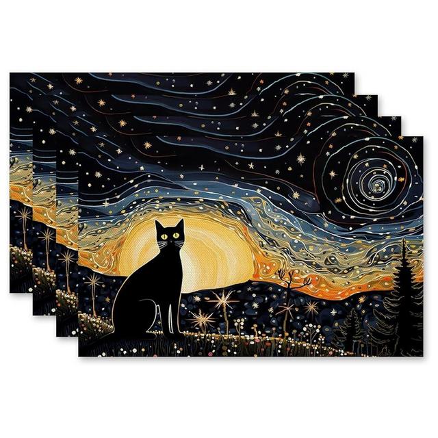 Cat Placemats Set of 4, Starry Night Black Cat Table Mats Place Mats for Kitchen Dining Table Decoration 16.9x11.4 Inch