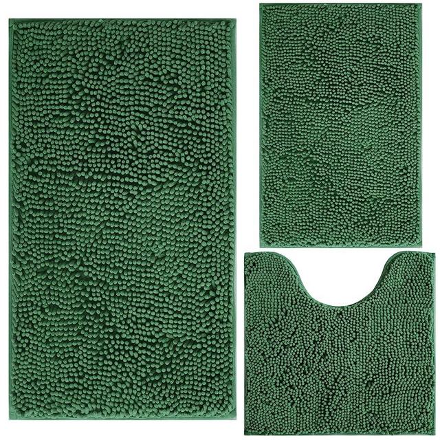 Green Bathroom Rug Chenille 3-Piece Extra Soft and Absorbent Shag Bath Mat Set, Machine Wash Green Bathroom Rug Set, Strong PVC Non-Slip Underside, Plush Carpet Green Bath Mat (Dark Green)…