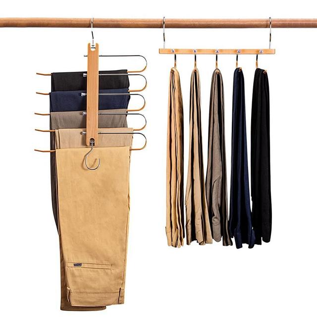 HOUSE DAY Magic Pants Hangers Space Saving Non-Slip, 2 Pack Wood 5-Layer Multifunctional Uses Clothing Rack Closet Organizer for Slacks Jeans Scarves Ties
