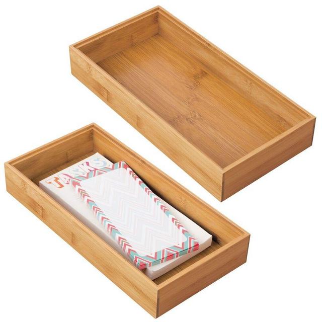 mDesign Bamboo Farmhouse Home, Office Storage Bin Tray - Desk and Drawer Organizer - for Gel Pens, Pencils, Markers, Erasers, Tape, Notepads - 2 Pack - Natural