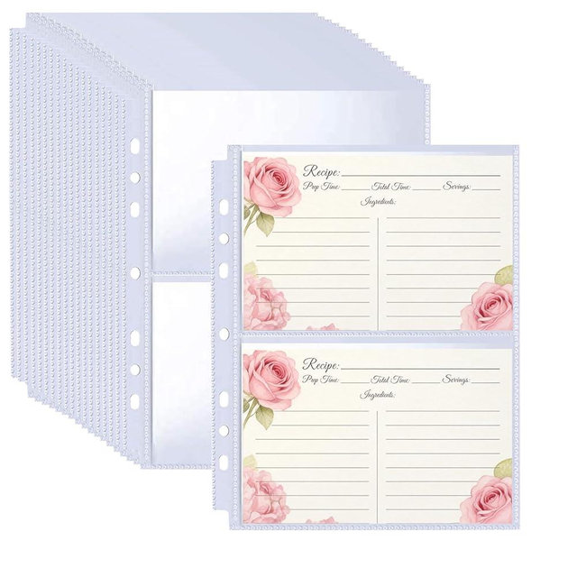 BYSLBTY 50 Pack 4x6 Recipe Card Protectors for 6 or 3 Ring 8.5x9.5 Mini Binders, Double-Sided Top-Loading Pockets, 4x6 Photo Sleeves, Recipe Binder Refill Pages