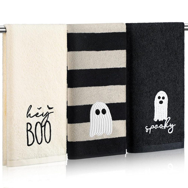 SmoothNovelty 3 Pcs Halloween Ghost Hand Towels for Bathroom Cotton Embroidered Rodeo Kitchen Towels 13.3" x 29.5" Rustic Gifts for Bath Shower Farmhouse Decors Housewarming Gift(Black)
