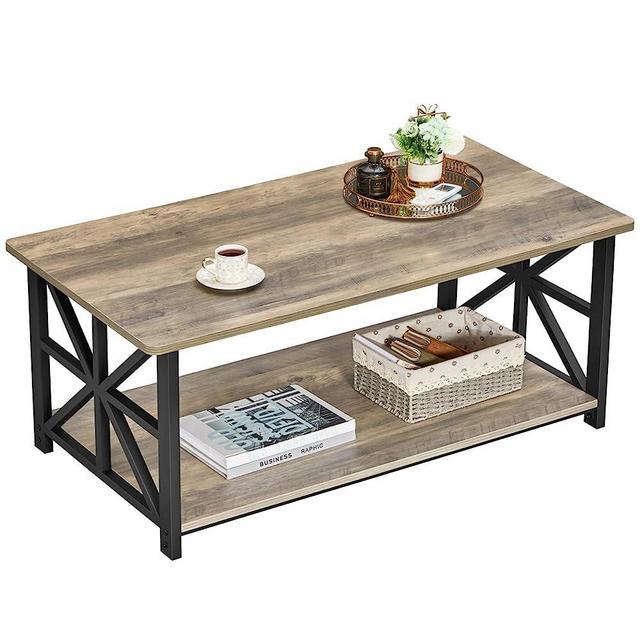 GreenForest Coffee Table for Living Room with Round Corners Farmhouse Style Center Table with Storage Shelf 40 Inch Space Saving Easy Assembly Gray Wash