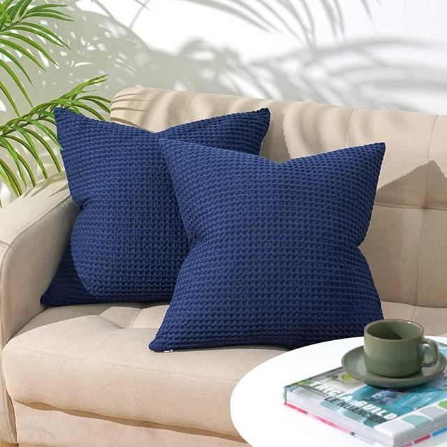 PHF 100% Cotton Waffle Weave Throw Pillow Cover, 20" x 20", No Insert, 2 Pack Square Pillowcases Shell, Elegant Home Decorative Throw Pillow Covers for Bed Couch Sofa, Navy Blue