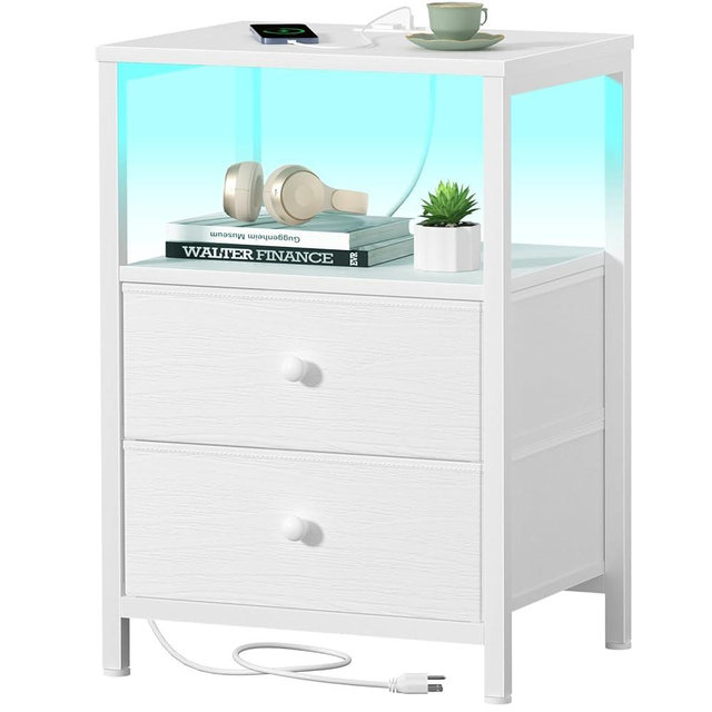BOLUO White Nightstand with Charging Station, LED Night Stand with 2 Fabric Drawers, Bedside Table with USB Ports and Outlets, Nightstand for Bedroom Modern