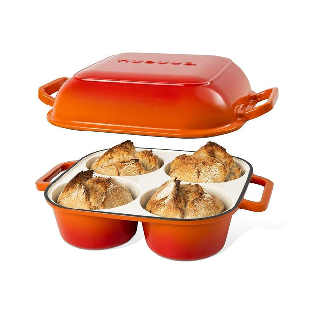 QuadPro Enamelled Cast Iron Bread Loaf Pot – Dutch Oven for Sourdough Bread Baking – 500°F Oven Safe Non Stick Bread Pot – 4 Round Loaf Spaces (4.90-inch Diameter), Orange – by Nuovva