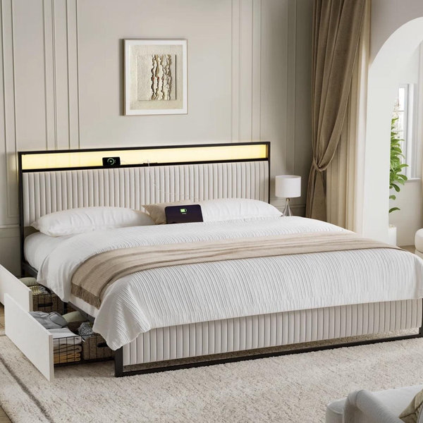 Ebern Designs Antioch Upholstered Bed Frame with 2 Storage Drawers, Modern Platform Bed with Charging Station & LED Light, No Spring Box Needed & Reviews | Wayfair