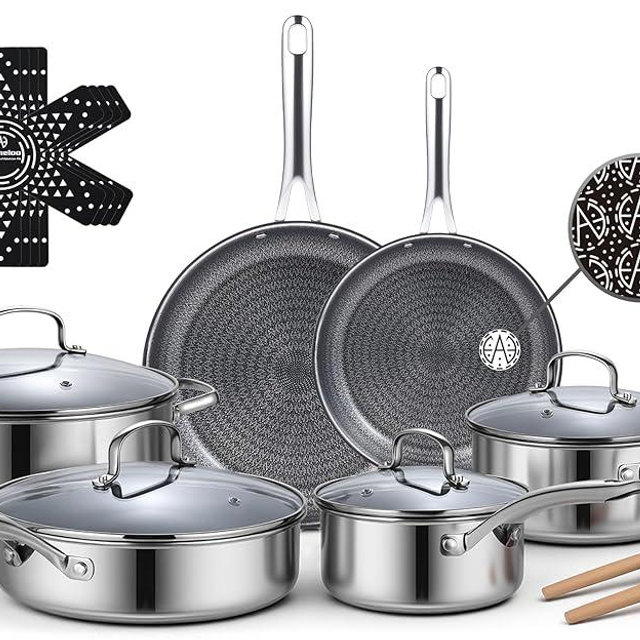 Ammeloo 17 Pcs Nonstick Stainless Steel Cookware Set, Hybrid Stainless Steel Pots and Pans Set Non Stick, Non Toxic Kitchen Cookware Sets, Dishwasher & Oven Safe, Induction & All Cooktop Compatible