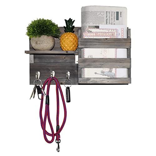 Spiretro Wall Mount Entryway Mail Envelope Organizer, Key Holder Hooks, Leash Hanging, Coat Rack, Letter & Newspaper Storage, Ornament Home Decorative Floating Shelf, Rustic Weathered Grey & Black
