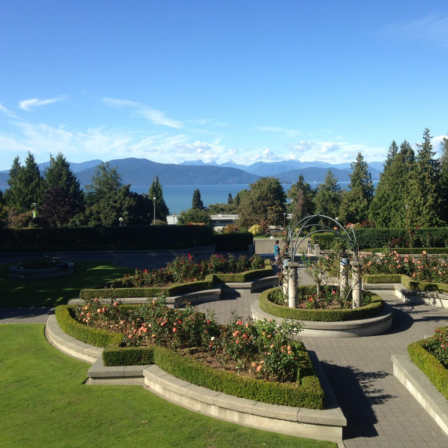 The UBC Rose Garden overlooking the North Shore mountains.