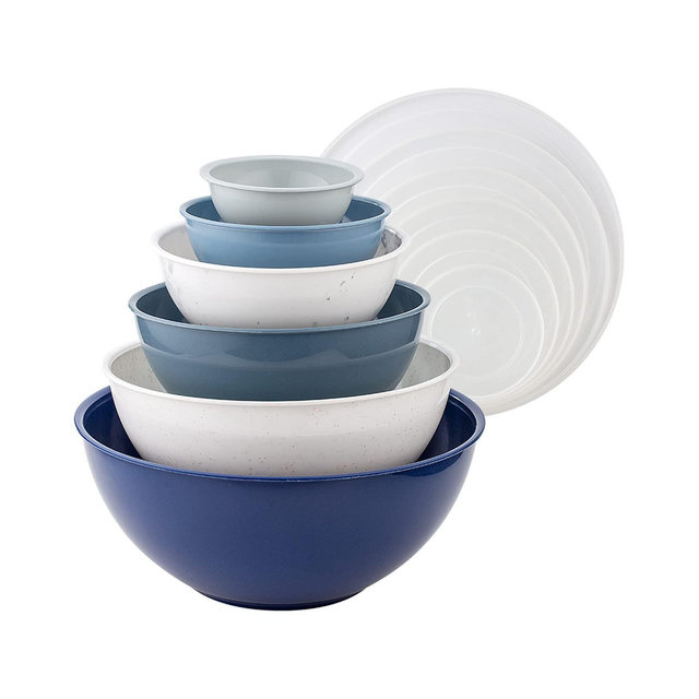 COOK WITH COLOR Mixing Bowls with Lids - 12 Piece Plastic Nesting Bowls Set includes 6 Prep Bowls and 6 Lids, Microwave Safe Mixing Bowl Set (Blue and White Speckled)
