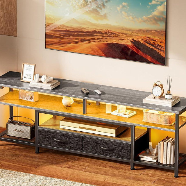 Huuger TV Stand for 65 70 Inch TV, Entertainment Center with Power Outlets and LED Lights, TV Console for Living Room, Media Console with Drawers and Shelves, Grey