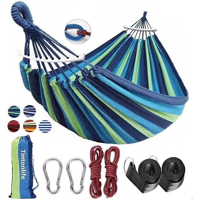 Tintonlife Brazilian Double Hammock 2 Person Canvas Cotton Hammock with Carrying Bag for Patio Porch Garden Backyard Lounging Outdoor/ Indoor Green Stripe Hammock