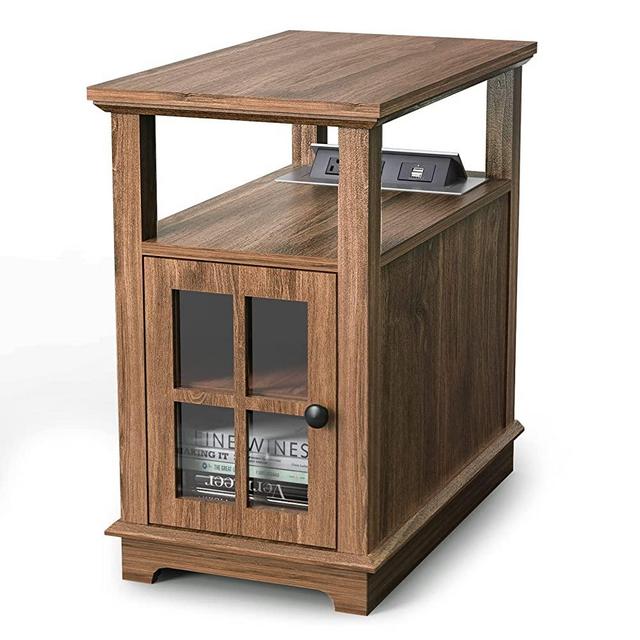 HIFYOBRO End Table with Charging Station, Side Table with Semi-Open Storage, Bedside Table with 2 Power outlets & 2 USB Ports, Wooden Nightstand Cabinet for Sofa Side