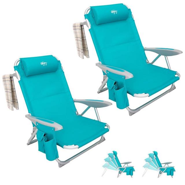 #WEJOY Folding Beach Chair for Adults, 4-Position Aluminum Lightweight Beach Chair, Low Beach Chairs with Shoulder Strap, Cup Holder and Padded Headrest, Supports 265lbs for Beach Lawn, Cyan (2Pack)