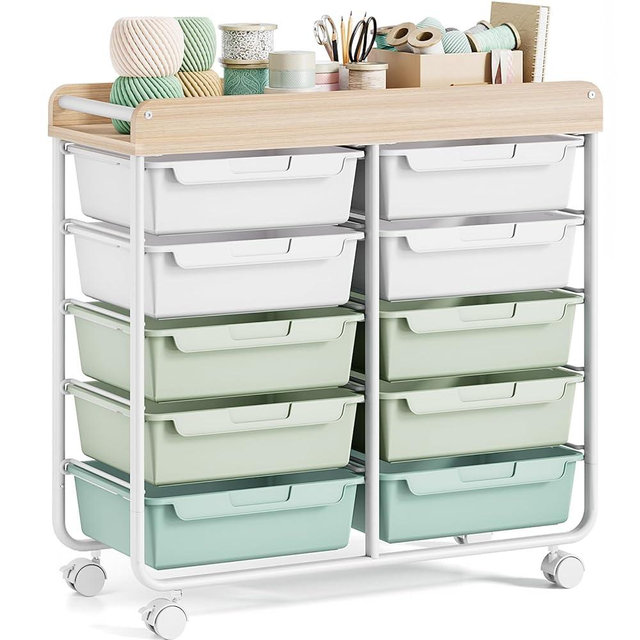 Rolling Storage Cart with 10 Large Drawers, Utility Cart with Wooden TableTop for Craft Organizers, Art Supply Storage, Home Office Organization, Cart with Wheels for Classroom, School, Green