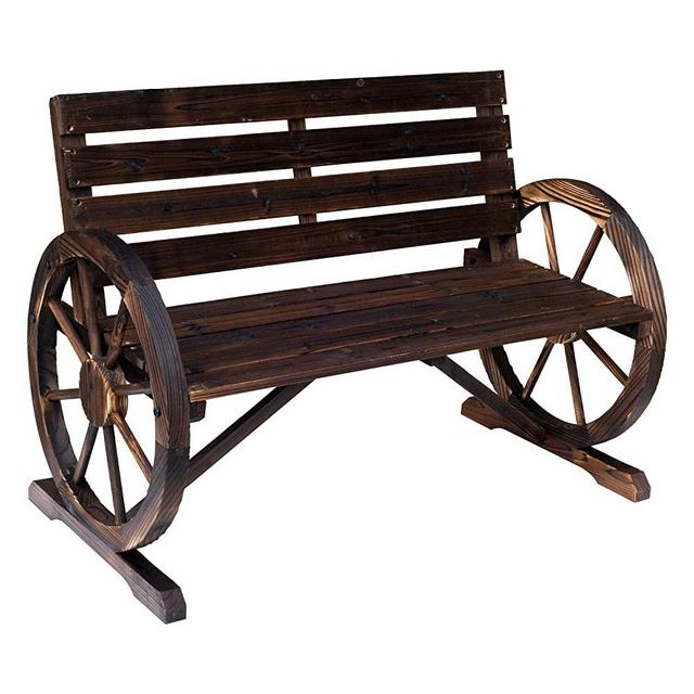 COLIBROX Brown 41.5" L Fir Wood Garden Wagon Wheel Loveseat Accent Outdoor Bench Patio Rustic Style Armrests Chair Slatted Seat with Ebook