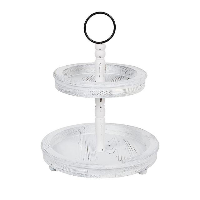 Rorain Tiered Tray Stand 2 Tier Farmhouse Serving Tray 15" Table Distressed Wooden Tray with Metal Round Decorative Handle for Cake, Fruit, Cookie, Food and Party Display