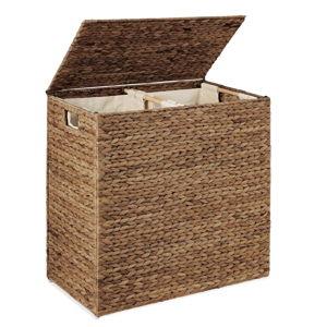 Best Choice Products Large Double Laundry Hamper with Lid, Natural Handwoven Water Hyacinth, 2 Sections w/ 2 Machine Washable Linen Liner Bags, Portable, Handles - Chestnut