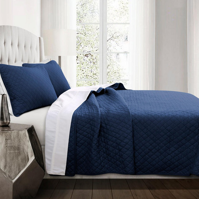 3pc King Ava Diamond Oversized Cotton Quilt Set Navy - Lush Décor